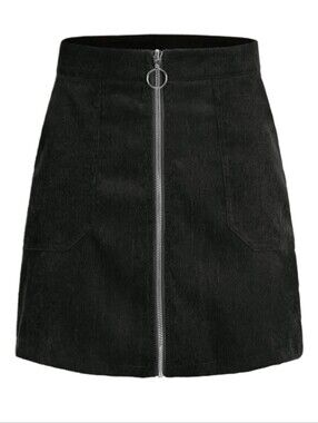 SHEIN Black Zip-Front Corduroy Mini Skirt